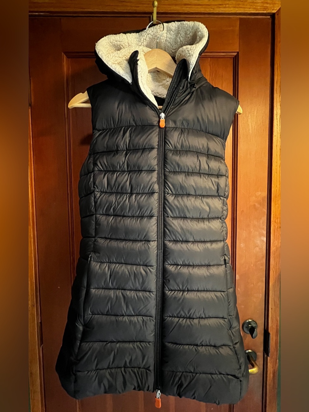 Save The Duck Black Long Puffer Vest Sherpa Hood | Size Small - Picture 2 of 9